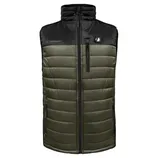 Heated vest with a black upper section and olive green body, featuring a zippered front and pockets, and a control button on the chest.