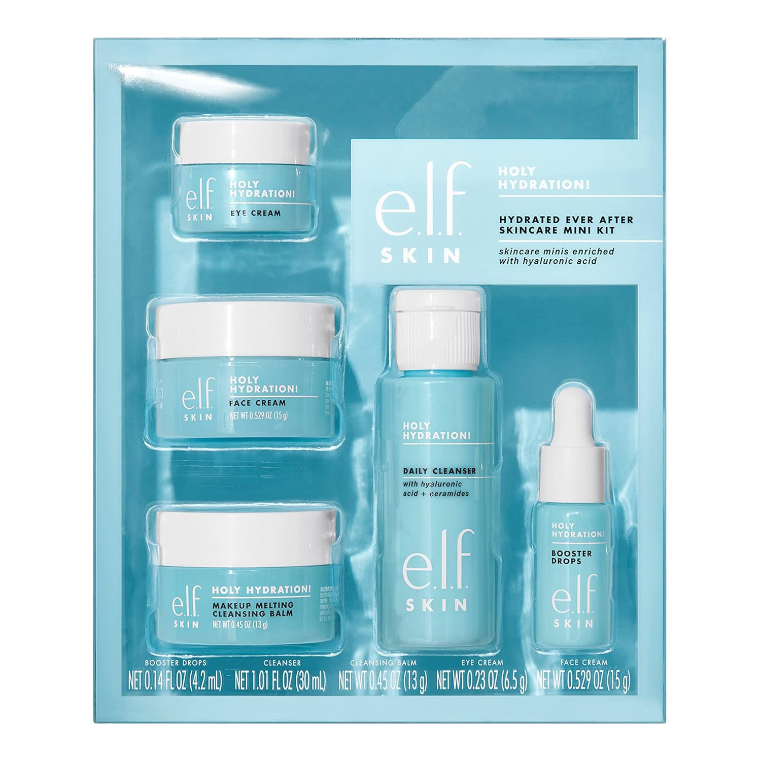 e.l.f. Skin Hydration Skincare Mini Kit includes Holy Hydration! Face Cream (0.529 oz), Daily Cleanser (1.01 oz), Booster Drops (0.14 oz), Eye Cream (0.23 oz), and Makeup Melting Cleansing Balm (0.45 oz), featuring hyaluronic acid and ceramides.