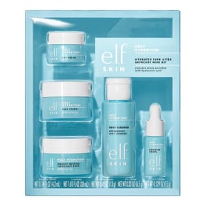 e.l.f. Skin Hydration Skincare Mini Kit includes Holy Hydration! Face Cream (0.529 oz), Daily Cleanser (1.01 oz), Booster Drops (0.14 oz), Eye Cream (0.23 oz), and Makeup Melting Cleansing Balm (0.45 oz), featuring hyaluronic acid and ceramides.