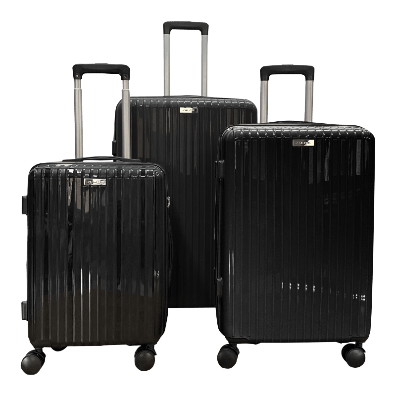 Three black hard-shell suitcases of varying sizes with retractable handles and four wheels.