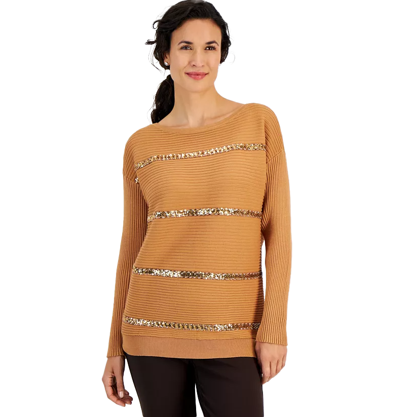 Tan ribbed sweater with horizontal sequin stripes and long sleeves, offering a stylish and elegant look.