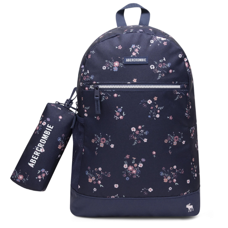A navy floral-patterned backpack with a front zipper pocket and a matching cylindrical case attached, both featuring the Abercrombie logo.