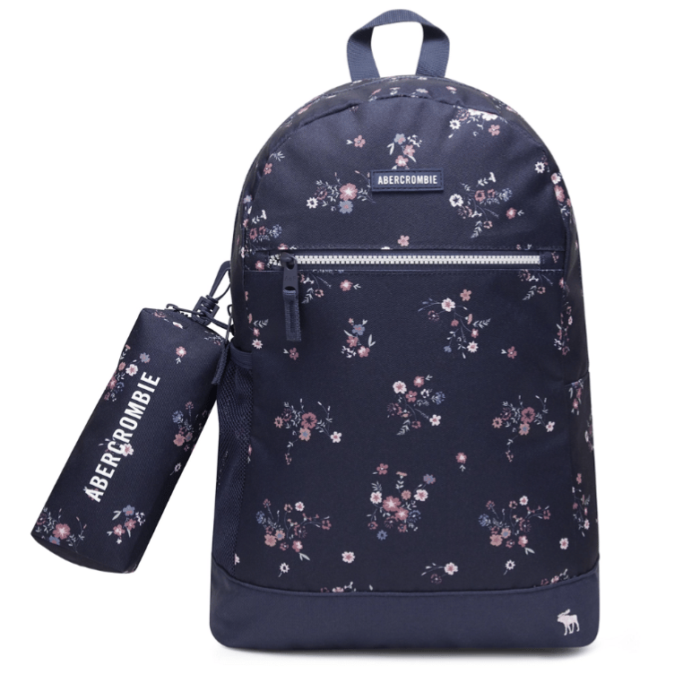 A navy floral-patterned backpack with a front zipper pocket and a matching cylindrical case attached, both featuring the Abercrombie logo.