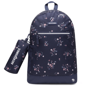A navy floral-patterned backpack with a front zipper pocket and a matching cylindrical case attached, both featuring the Abercrombie logo.
