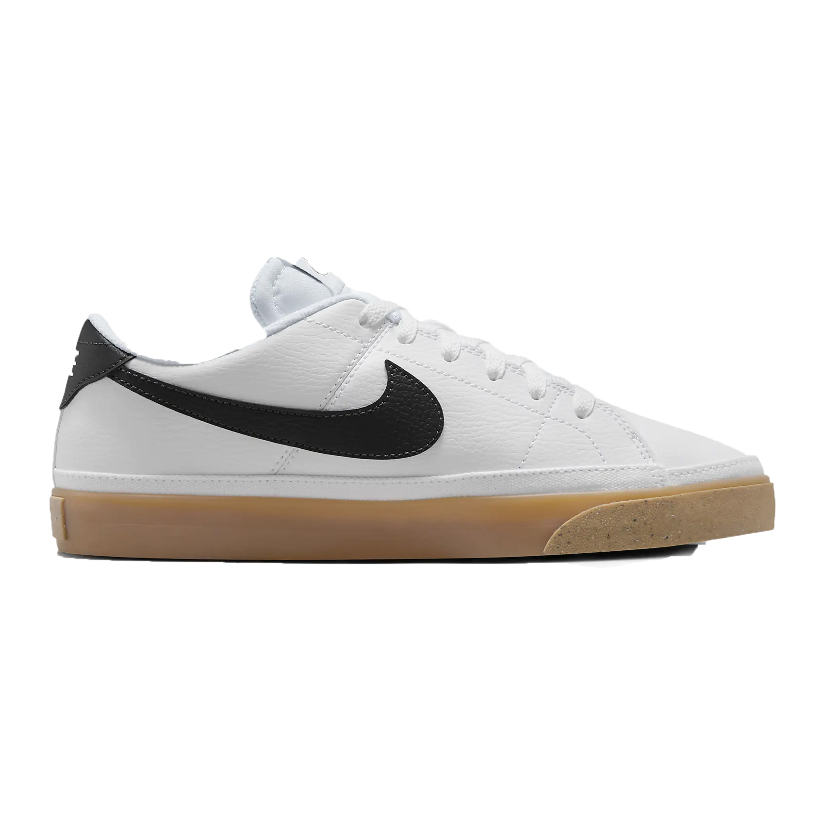 A low-top sneaker with a white leather upper, black Nike Swoosh, and a gum sole.