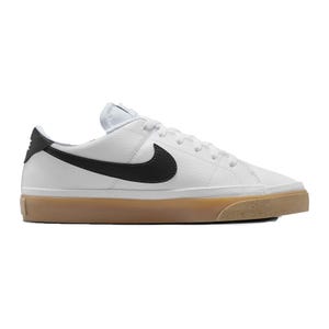 A low-top sneaker with a white leather upper, black Nike Swoosh, and a gum sole.