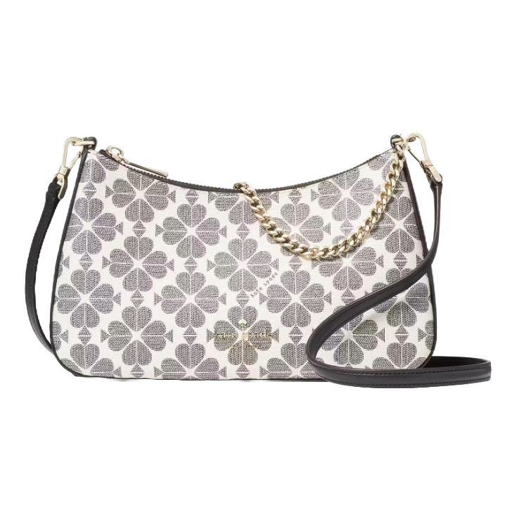 The Kate Spade Convertible Crossbody features a clover print design with a combination of a gold chain and black leather strap.