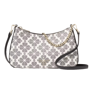 The Kate Spade Convertible Crossbody features a clover print design with a combination of a gold chain and black leather strap.