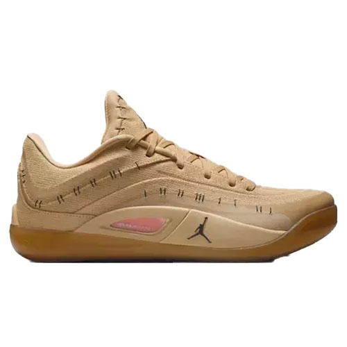 A tan low-top sneaker with a gum sole, featuring a visible Air cushioning unit and stylized stitching accents.