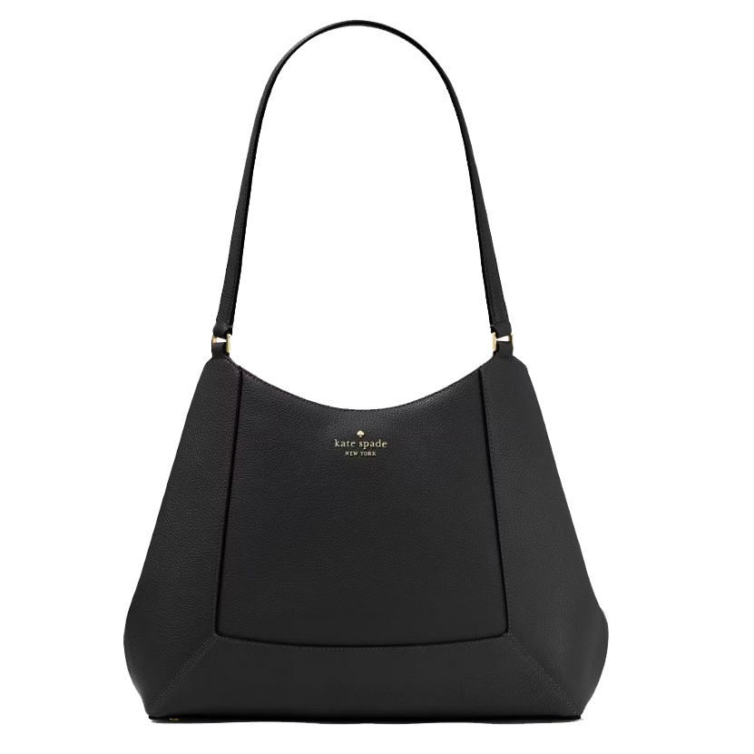 A black Kate Spade New York handbag with a sleek, structured design and a single shoulder strap, featuring the brand logo in gold lettering on the front.