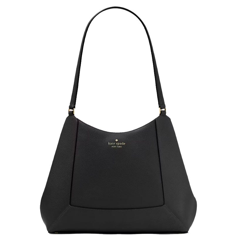 A black Kate Spade New York handbag with a sleek, structured design and a single shoulder strap, featuring the brand logo in gold lettering on the front.