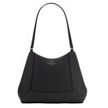 A black Kate Spade New York handbag with a sleek, structured design and a single shoulder strap, featuring the brand logo in gold lettering on the front.