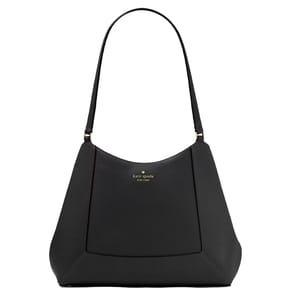 A black Kate Spade New York handbag with a sleek, structured design and a single shoulder strap, featuring the brand logo in gold lettering on the front.