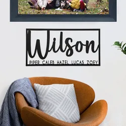 A personalized wall sign displays the name \“Wilson\“ with the names Piper, Caleb, Hazel, Lucas, and Zoey beneath it. It is shown above a brown chair with a patterned pillow and a blue-and-white throw blanket.
