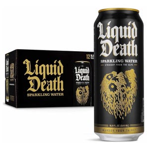 Liquid Death Sparkling Water is shown with a 24-pack case and a 16.9 fl. oz. (500 ml) can featuring bold black and gold branding, with a skull design. The text highlights \“Straight from the Alps\“ and \“Murder Your Thirst.\“