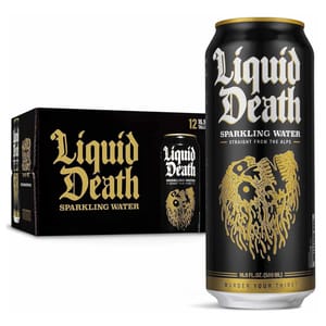 Liquid Death Sparkling Water is shown with a 24-pack case and a 16.9 fl. oz. (500 ml) can featuring bold black and gold branding, with a skull design. The text highlights \“Straight from the Alps\“ and \“Murder Your Thirst.\“