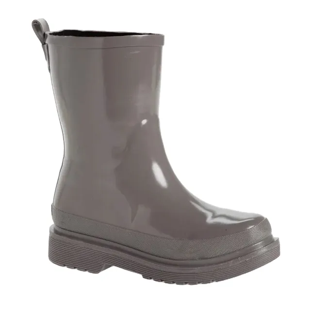 Chooka Damascus Rain Boots are short, ankle-length boots made of glossy gray rubber with a thick sole for traction. They feature a pull tab at the back for easy on and off.