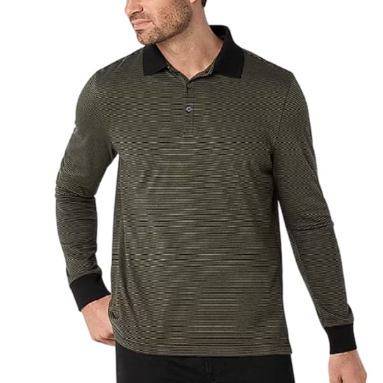 St. John's Bay Stripe Long-Sleeve Polo features a subtle striped pattern with a solid black collar and cuffs, designed for a casual fit.