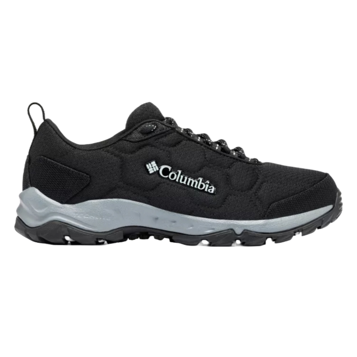 Columbia Firecamp Shoes are black with a gray sole, featuring a mesh upper, lace-up closure, and branding on the side. Designed for outdoor activities, they offer durability and traction.