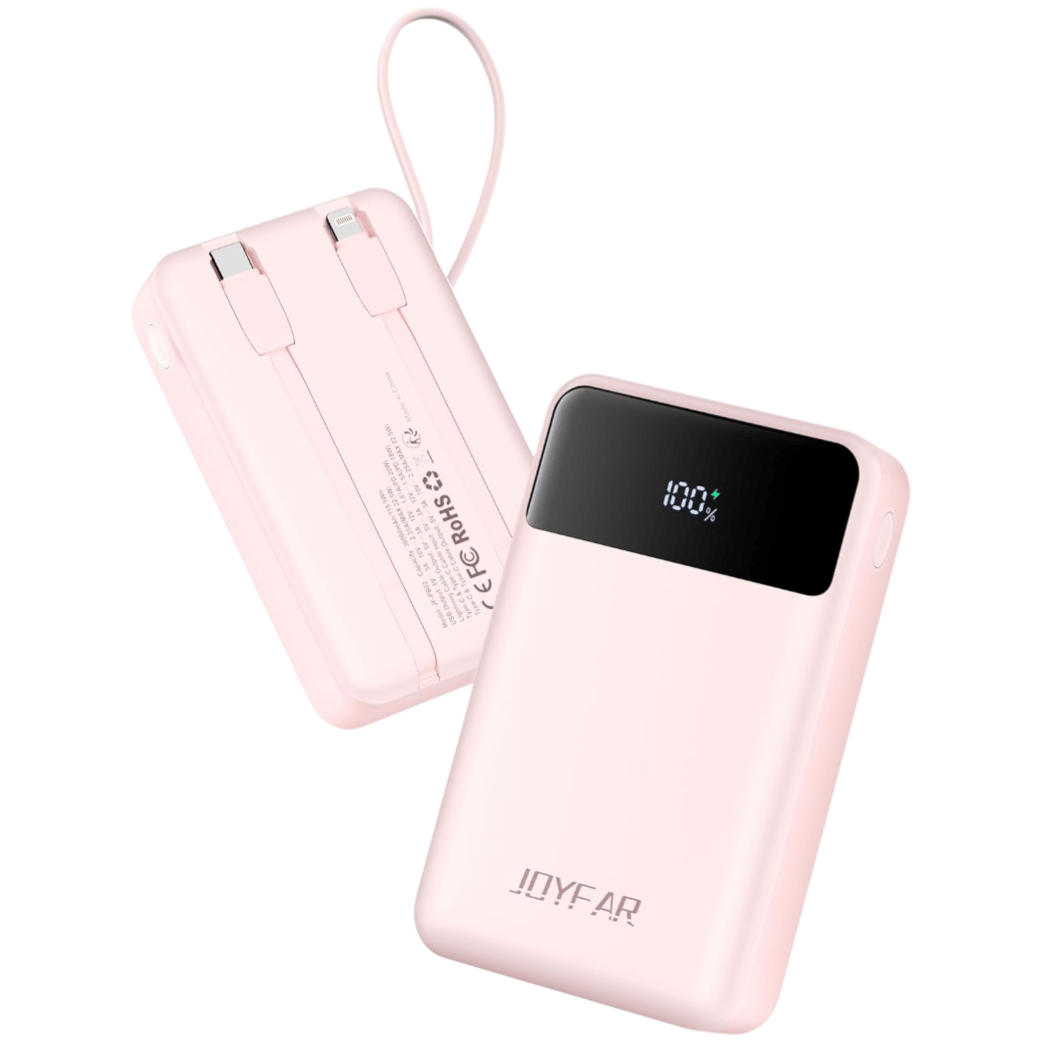 A pink power bank with built-in cables and an LED display shows a 100% charge. The brand name \“JOYFAR\“ is visible.