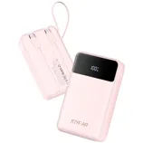 A pink power bank with built-in cables and an LED display shows a 100% charge. The brand name \“JOYFAR\“ is visible.