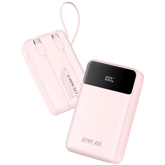 A pink power bank with built-in cables and an LED display shows a 100% charge. The brand name \“JOYFAR\“ is visible.
