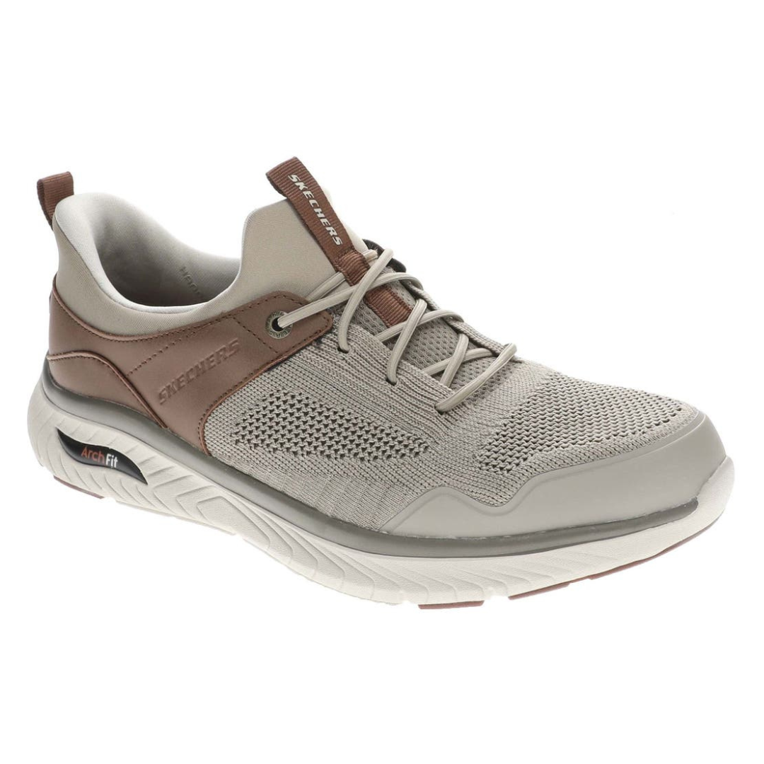 A gray and brown Skechers Arch Fit sneaker with a knitted mesh upper, lace-up design, and cushioned sole for added arch support.