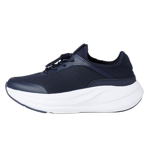 A navy sneaker with a knit texture and a thick white sole, featuring a lace-up design for adjustable fit.