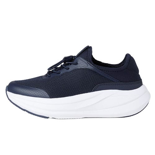 A navy sneaker with a knit texture and a thick white sole, featuring a lace-up design for adjustable fit.