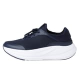 A navy sneaker with a knit texture and a thick white sole, featuring a lace-up design for adjustable fit.