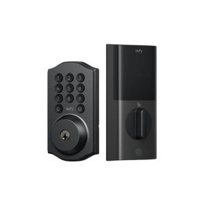 Eufy Smart Lock features a keypad and keyhole on the front and a turn-handle on the back, offering secure keyless entry with an elegant black design.