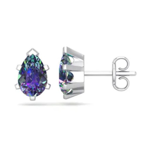 Silver stud earrings featuring pear-shaped multicolored gemstones with a six-prong setting and butterfly backings.