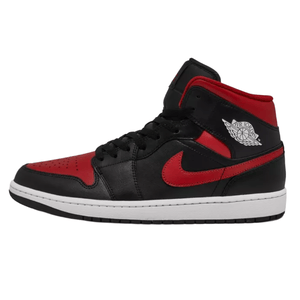 A black and red Air Jordan 1 Mid sneaker with a white sole, featuring the iconic Nike Swoosh and Air Jordan wings logo.