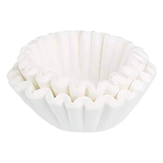 Stack of white, pleated coffee filters in a bowl shape.