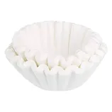 Stack of white, pleated coffee filters in a bowl shape.
