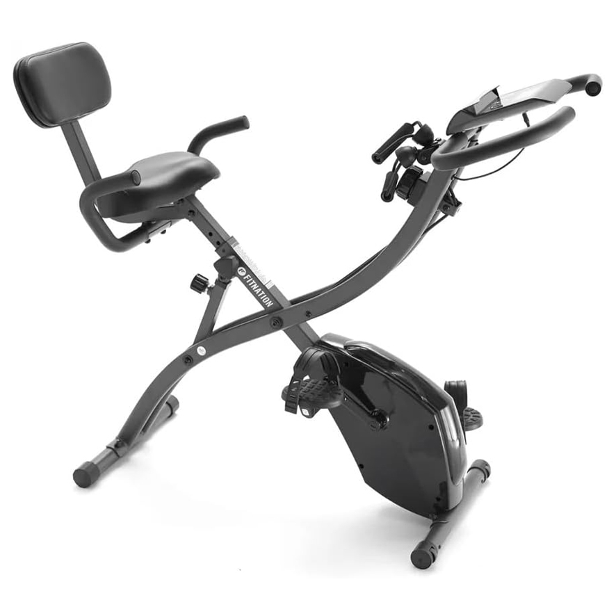 A foldable exercise bike with a padded backrest, adjustable seat, and handlebar grips, featuring a compact design with a digital display and pedal straps for indoor workouts.
