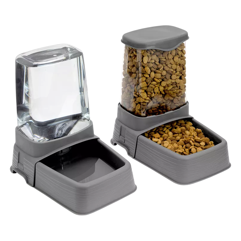 Dual pet feeder set with one container for water and another for dry food, both dispensing into separate bowls.