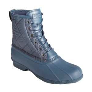 Blue Sperry Saltwater boots with quilted textile uppers and waterproof rubber duck-toe design, featuring lace-up fronts.