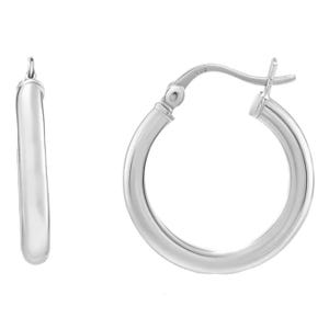 Silver thick hoop earrings with a smooth, polished finish and a hinged clasp for secure fastening.