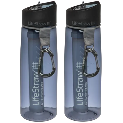 Two LifeStraw water bottles with built-in filtration, featuring a carabiner attached to each lid, designed for safe drinking on the go.