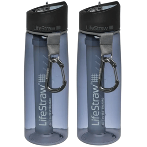 Two LifeStraw water bottles with built-in filtration, featuring a carabiner attached to each lid, designed for safe drinking on the go.