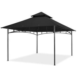 A black outdoor gazebo with a vented double-tiered roof and metal frame, designed for providing shade and shelter.