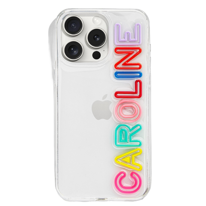 Clear iPhone case with colorful, raised letters spelling \“CAROLINE\“ vertically along the right side. The case is designed for models with three camera lenses.