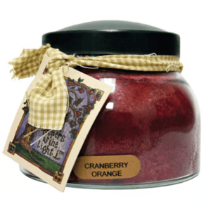 A jar of cranberry orange scented powder with a black lid, adorned with a checkered cloth ribbon and a decorative tag.