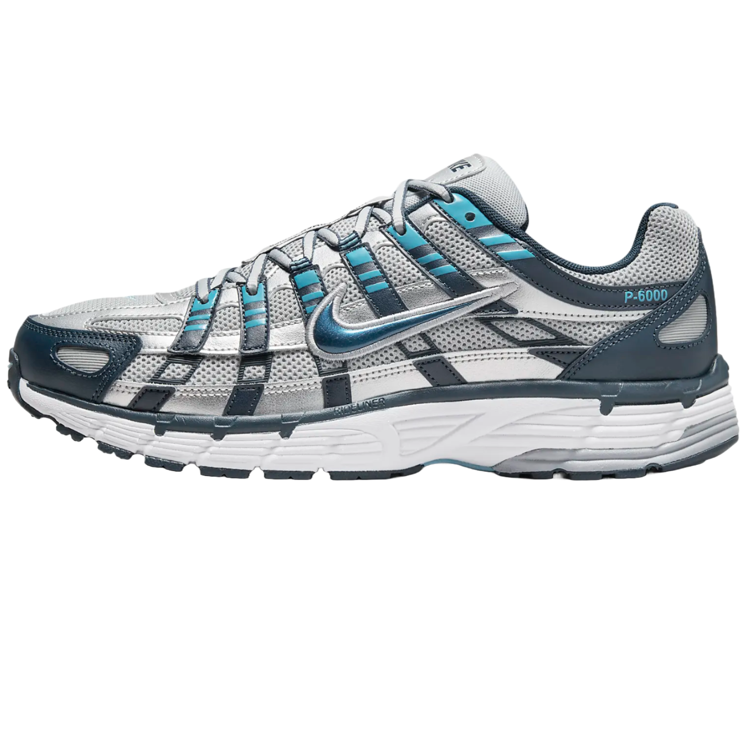Nike Men's P-6000 Shoes feature a retro running design with a mesh and synthetic upper, showcasing a combination of cool grey, navy, and light blue accents. The shoe includes a cushioned midsole and Nike swoosh on the side.