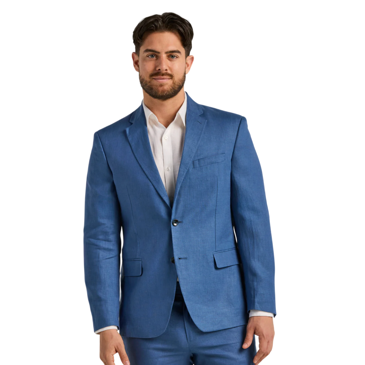 A man is wearing a blue suit with matching trousers and a white dress shirt.