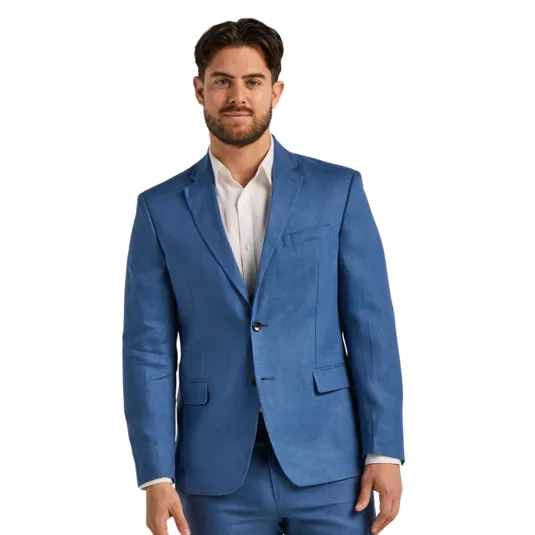 A man is wearing a blue suit with matching trousers and a white dress shirt.