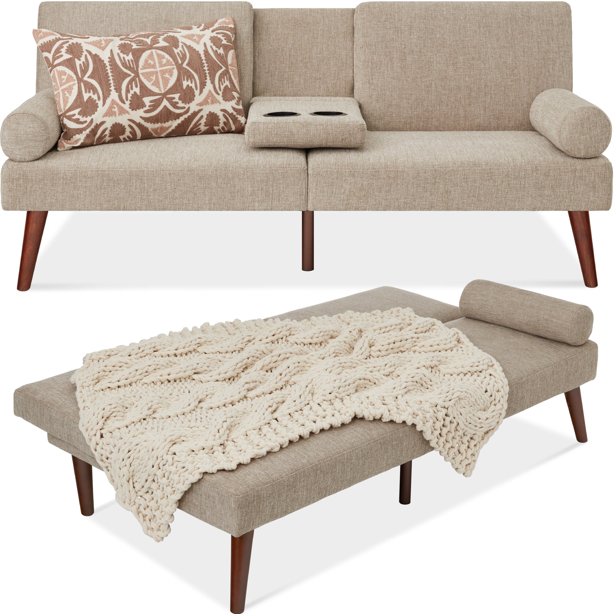A beige upholstered futon with cylindrical armrests and tapered wooden legs, accompanied by a matching ottoman with a knit throw and cylindrical cushion.