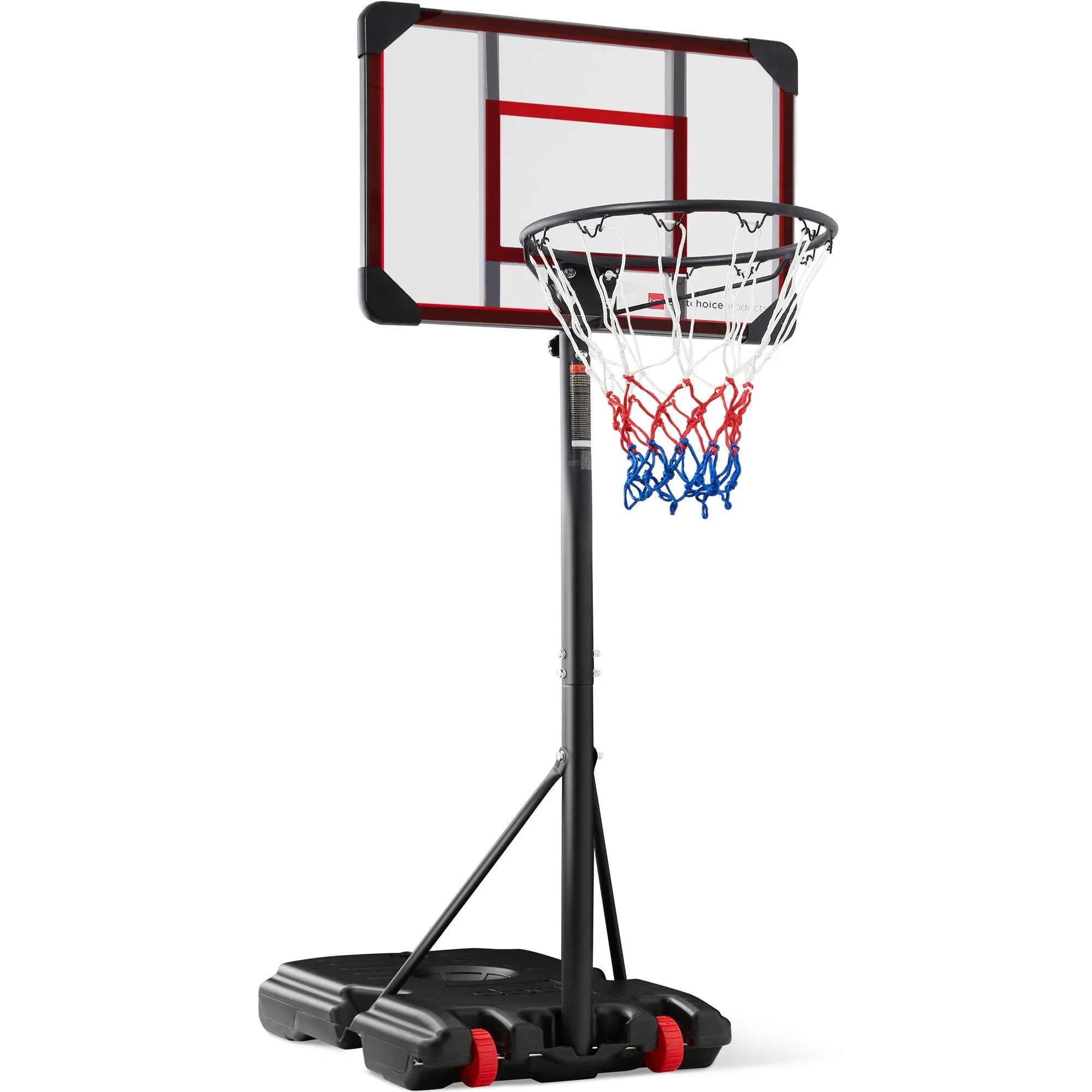 Portable basketball hoop with a height-adjustable backboard, red and blue net, and a wheeled base for easy movement.