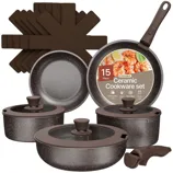 15-piece stackable ceramic cookware set includes various pots and pans with lids and protectors. Features non-stick surfaces, dishwasher and oven safe design.